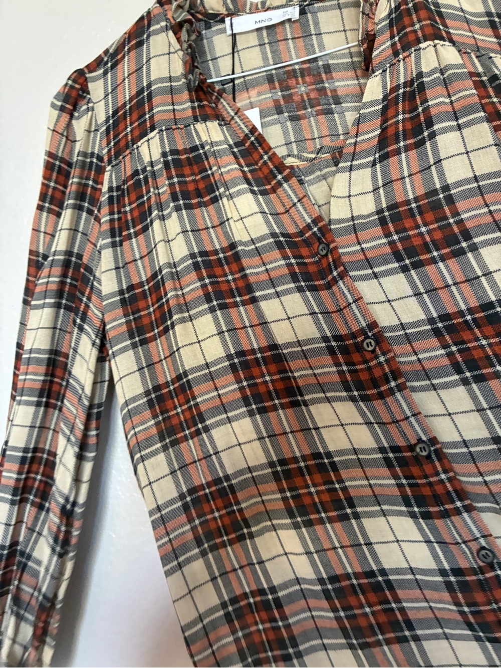 NWT Mango Plaid Ruffle Collar Blouse Viscose Wool Top Rust Cream XS Cottagecore - Picture 3 of 9